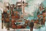 Man walking city street, abtract painting illustration art